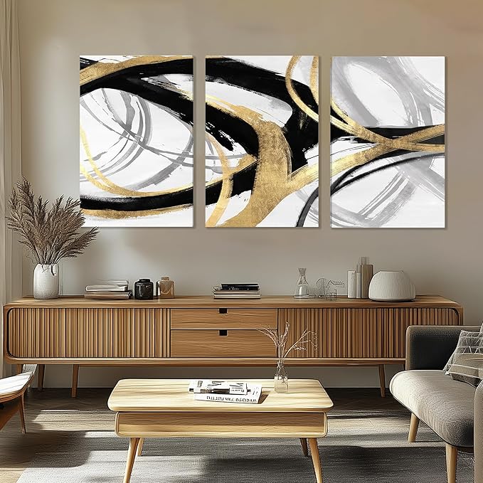 DUWQU 3 Piece Black and Gold Abstract Canvas Wall Art, Modern Black Gold and White Wall Decor, Spiral Brushstrokes Line Art Prints for Living Room Bedroom Office Home Decorations 16×24x3 In