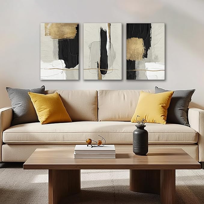 DUWQU 3 Piece Black and Gold Abstract Canvas Wall Art, Modern Black Gold and White Wall Decor, Minimalist Grey Beige Block Art Prints for Living Room Bedroom Office Home Decorations 16×24x3 Inch