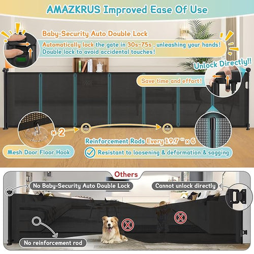 140'' Retractable Baby Gates Extra Wide,34" Tall Retractable Dog Gate for Doorways, Security Upgrade Reinforcement Rods Extra Long Retractable Baby Gate for Stairs, Indoor/Outdoor Retractable Gate