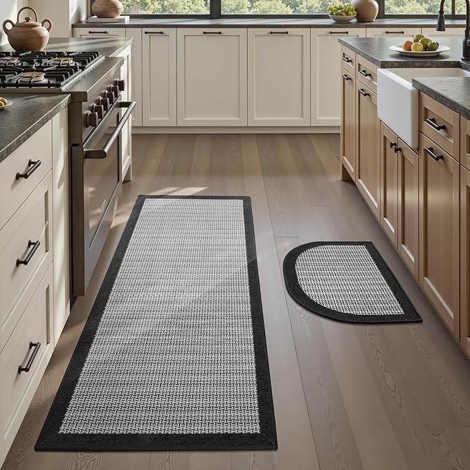 PADOOR Non Slip Kitchen Rugs Sets of 2 - Extra Large 2.5'x6' + 20"x32" (Rectangular + Semicircular) Runner Rugs Non Skid Washable, Absorbent Kitchen Floor Mat for in Front of Sink 2 Piece Black