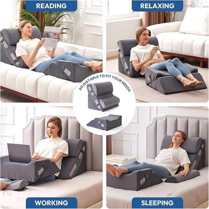 6PCS Wedge Pillow Set for After Surgery, Back Support Pillow for Bed, Bed Wedge Pillow for Post Surgery, Back Rest Pillow for Sitting in Bed, Pillow for Back Pain Relief, Plush Grey