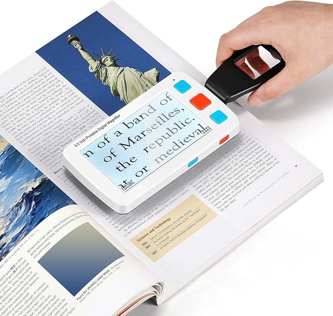 5.0 Inch Portable Digital Magnifier, 4X-32X Zoom Electronic Reading Aid with Foldable Handle for Low Vision/Seniors/Kids, Ideal for Quick Reading – Not Recommended for Long Books or Novels