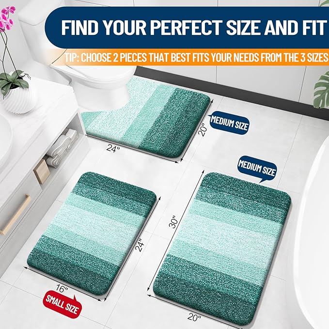 OLANLY Bathroom Rug Set 2 Piece, Soft Absorbent Microfiber Bath Rug Set, Non-Slip, Machine Wash Dry, Plush Shaggy Bath Mats for Bathroom (30"x20"+24"x16", Blackish Green)