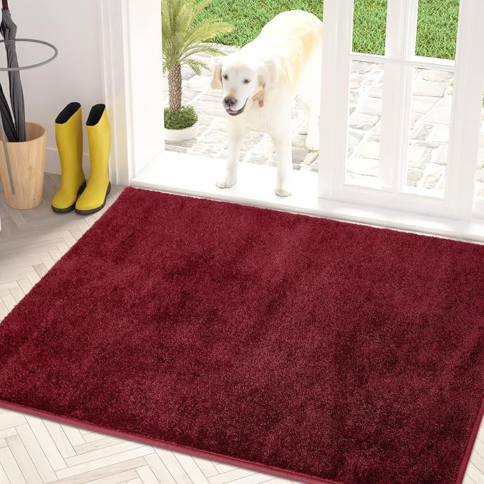 PURRUGS Dirt Trapping Door Mat 31.5" x 47", Non-Slip Machine Washable Entry Rug, Shoe Scraper, Dog Doormat, Super Absorbent Welcome Mat for Front & Back Door, Muddy Shoes & Paws, Burgundy Red