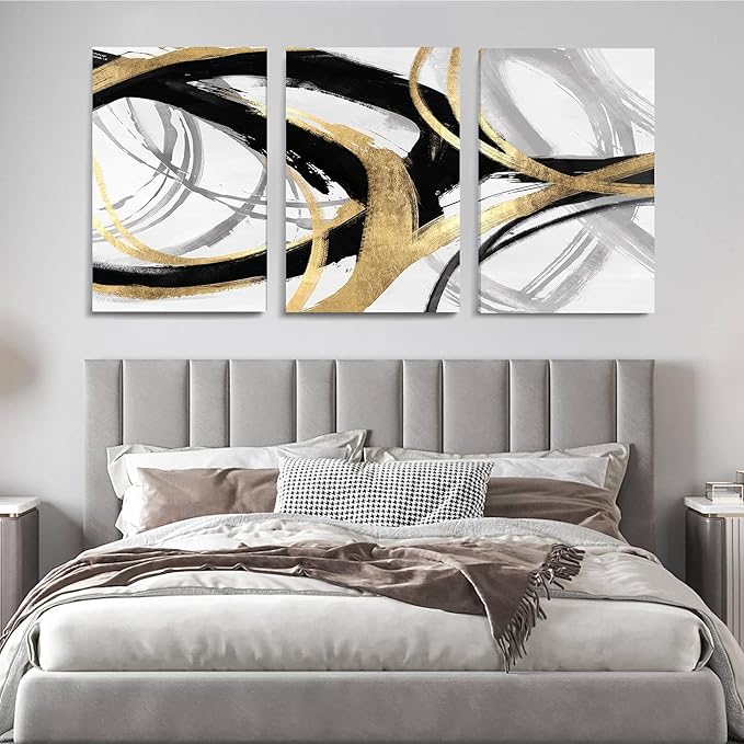 DUWQU 3 Piece Black and Gold Abstract Canvas Wall Art, Modern Black Gold and White Wall Decor, Spiral Brushstrokes Line Art Prints for Living Room Bedroom Office Home Decorations 16×24x3 In