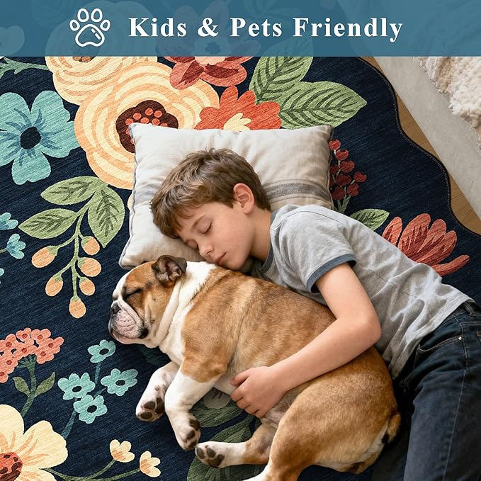 DUKINO 5x7 Area Rug, Floral Washable Rugs for Living Room with Non Slip Backing & Non-Shedding, Lightwight Low Pile Boho Design Large Carpets for Bedroom, Living Room, Dining Room, Navy Blue