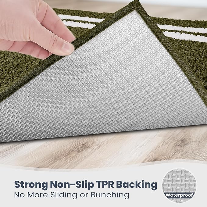 PURRUGS Bathroom Rug Non-Slip Machine Washable 20" x 24" U-Shaped, Super Absorbent and Quick Dry Shaggy Microfiber Bath Mat, Extra Soft and Plush Contour Rug for Toilet Base, Olive Green