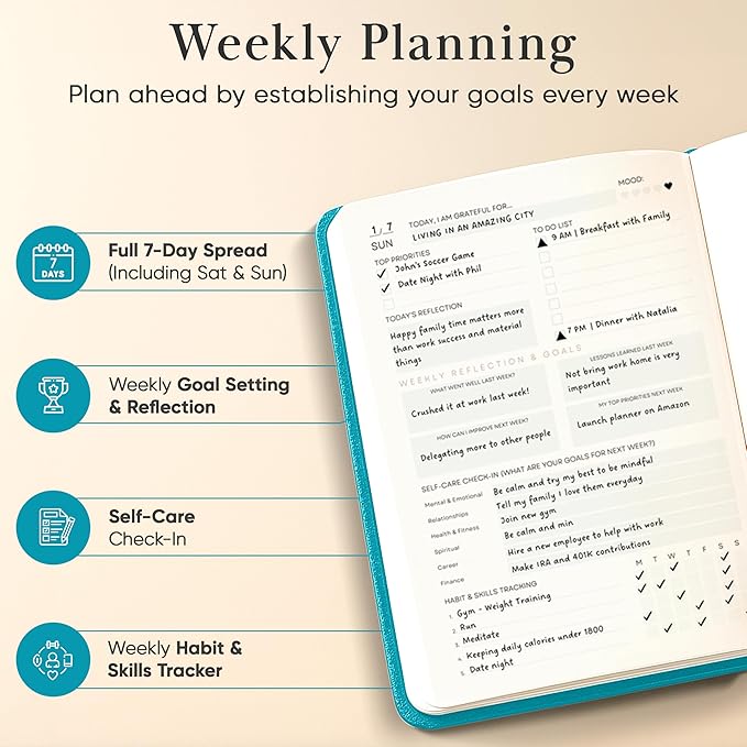 2026 Planner, Daily Journal & Gratitude Journal All-In-One with To Do List, Self Care Prompts & Habit Tracker - 7 x 10 - Teal