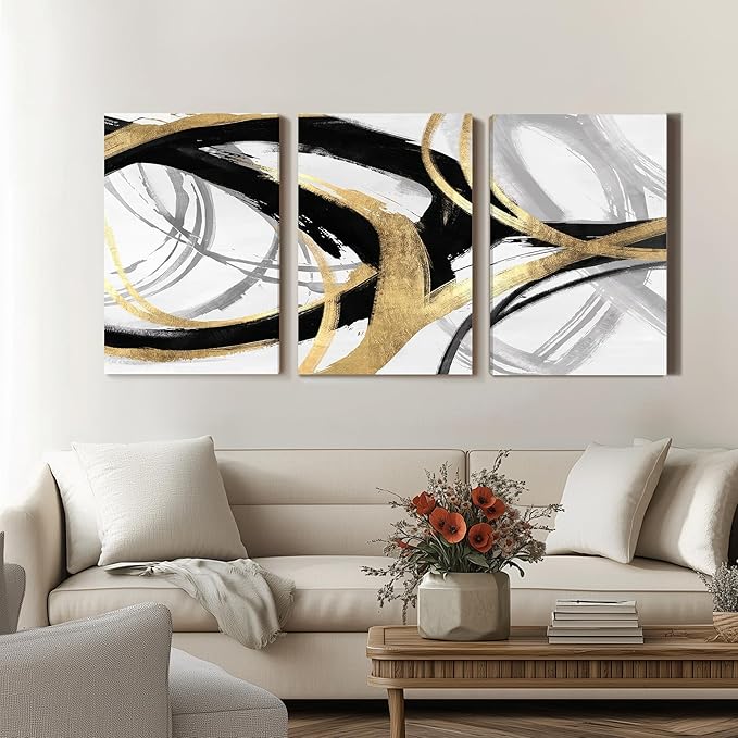 DUWQU 3 Piece Black and Gold Abstract Canvas Wall Art, Modern Black Gold and White Wall Decor, Spiral Brushstrokes Line Art Prints for Living Room Bedroom Office Home Decorations 16×24x3 In
