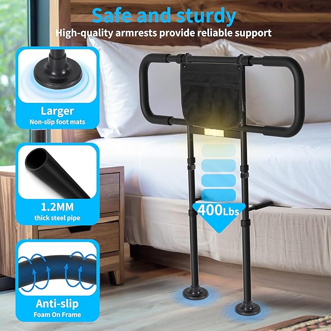 Bed Rails for Elderly Adults Safety - Adjustable Bed Side Rails with Support Leg, Bed Cane with Storage Bag and Motion Sensor Light, Fits Queen, King, Twin, Full, Supports up to 400lbs