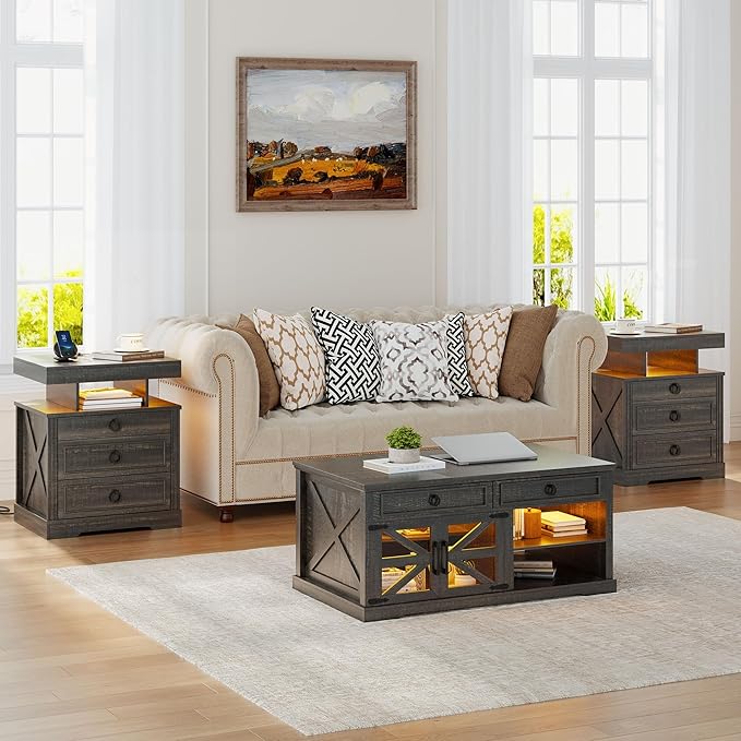 Gurexl Farmhouse Set of 2 Night Stand with Lockable Gun Drawer,LED Nightstand with Charging Station,Bedside Table with Human Sensor 3-Color Lights,End Table with 3 Drawers,Bedroom,Rustic