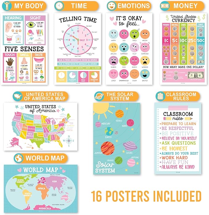 Hadley Designs 16 Educational Posters for Classroom Decor - Pastel Educational Posters for Toddlers 1-3, Toddler Learning Poster for Kids Ages 3-5, Kindergarten & Preschool Classroom Must Haves