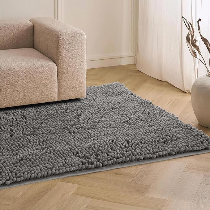 Chenille Absorbent Front Door Mat 48" x 30", Dog Door Mat for Muddy Paws, Dirt Trapper Doormat, Mud Mat for Dogs, Washable Non Slip Outdoor Indoor Doormats for Entryway, Grey