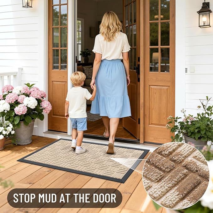 OLANLY Front Door Mat Outside Entrance 59x34, Absorbent, Heavy Duty Sturdy Natural Rubber Doormat Indoor Outdoor, Non-Slip, Stain and Fade Resistant, Low Profile Floor Mat for Entryway, Latte White