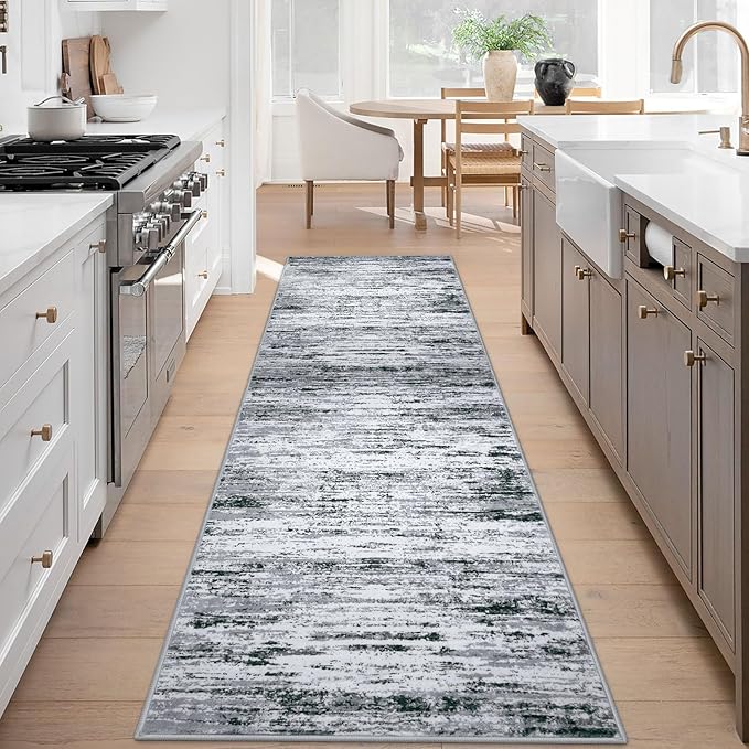 Modern Abstract Runner Rug 3x8, Black Grey White Washable Kitchen Runner Non-Slip Soft Hallway Rug Runner Thin Print Faux Wool Carpet for Entryway Bedroom Laundry Room Indoor Home Office Decor