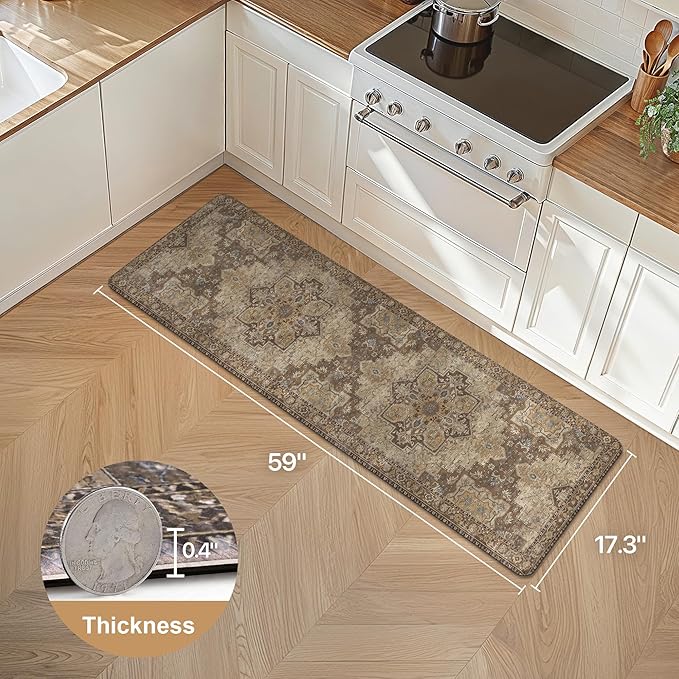 GENIMO Kitchen Mats for Floor, Washable Anti Fatigue Mat for Cushioned, 17.3"x59", Waterproof Kitchen Rugs, Non Slip Foam Comfort Standing Mat Rug for Home, Runner, Sink, Laundry, Rustic Brown