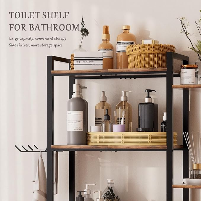 homyfort Over The Toilet Storage Cabinet, 3-Tier Bathroom Shelves Over Toilet, Easy Installation with Drain Basket, Side Rack, X Shape Side Guardrail, Freestanding Toilet Rack for Balcony, Laundry