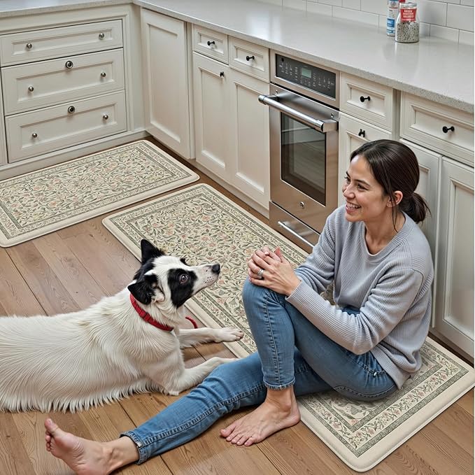 KIMODE Anti Fatigue Kitchen Mats for Floor, Boho Floral Kitchen Rugs Sets of 2, Cushioned Kitchen Floor Mats Non Slip, Comfort Rugs for Kitchen Floor Sink Laundry Desk Beige 17.3"x29"+17.3"x47"