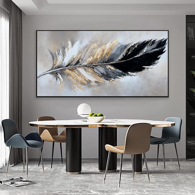 Canvas Art Wall Decor Modern Large Wall Decor Abstract Wall Art for Living Room Modern Home Decorations 29"X58" With Framed Painting Black and Gold Minimalist Abstract Art Feather Home Artwork