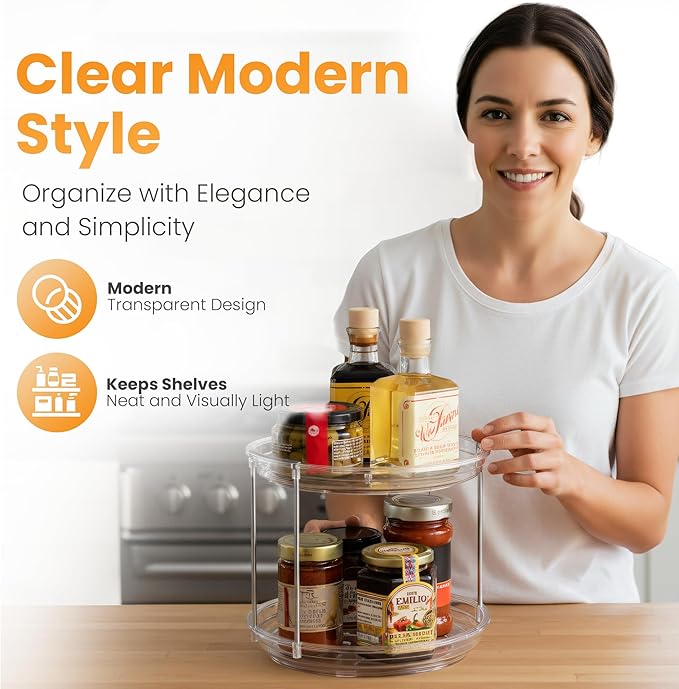 Oizeir Clear Two Tier Lazy Susan Organizer - Rotating Spice Rack Turntable for Kitchen Cabinet, Countertop, Bathroom or Dining Table. Spinning Carousel Racks for Counter and Pantry Cabinet Storage