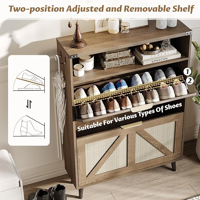 Shoe Cabinet with 2 Flip Drawers & Open Storage,Farmhouse Shoe Storage Cabinet for Entryway,Freestanding Narrow Organizer Rack with Legs,Foyer,Hallway,Rustic Oak Rattan