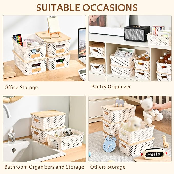 8 Pack Plastic Storage Bins with Bamboo Lids - Stackable Storage Baskets with Handle for Pantry Organizer and Storage, Plastic Containers Bins for Kitchen Bathroom Classroom Office Shelves