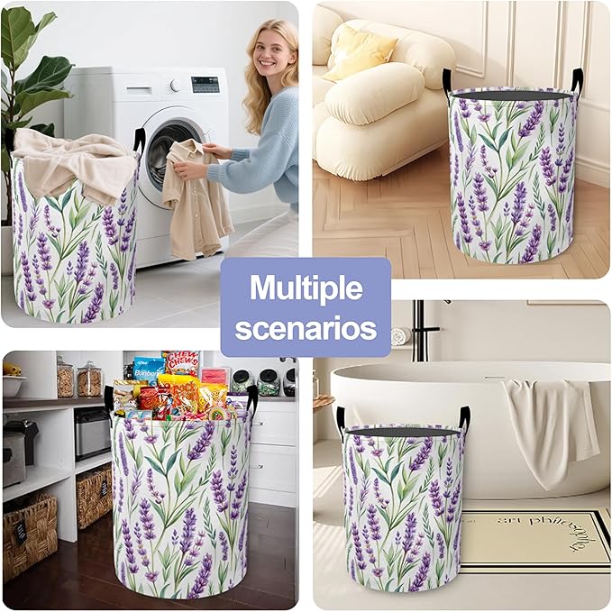 Laundry Basket,Purple Lavender Large Canvas Fabric Lightweight Storage Hamper Organizer Dirty Clothes Collapsible Waterproof for College Dorms,Bathroom