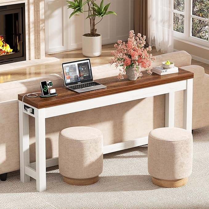 Cyclysio 63" Console Tables for Entryway, Long Console Tables for Living Room, Behind Couch Table, Sturdy Wood Support Farmhouse Entryway Table with 3AC+2USB Charging‌ Station, Rustic Oak
