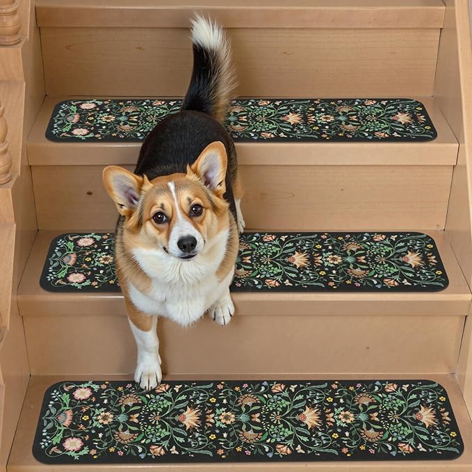 OJIA Floral Stair Treads Non-Slip Stair Runner for Wooden Steps Indoor 15PCS 30"x8" Carpet Stair Treads Stair Mats Staircase Step Treads for Kids, Elders and Dogs, Stair Covers, Black