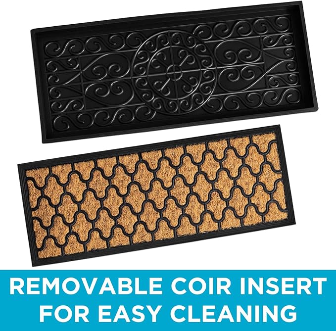 BIRDROCK HOME Rubber Boot & Shoe Tray | Coir Insert | 34" x 14" | Waterproof Shoe Tray for entryway | Trellis Pattern