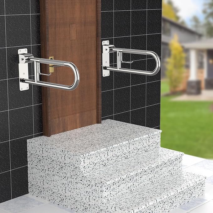 Toilet Grab Bar 22.4 Inch Chrome, Munzong Anti-Slip Handicap Grab Bars with Paper Holder, Flip-Up Bathroom Safety Rails, Stainless Steel Knurled Support handrails for Seniors Elderly Disabled Pregnant