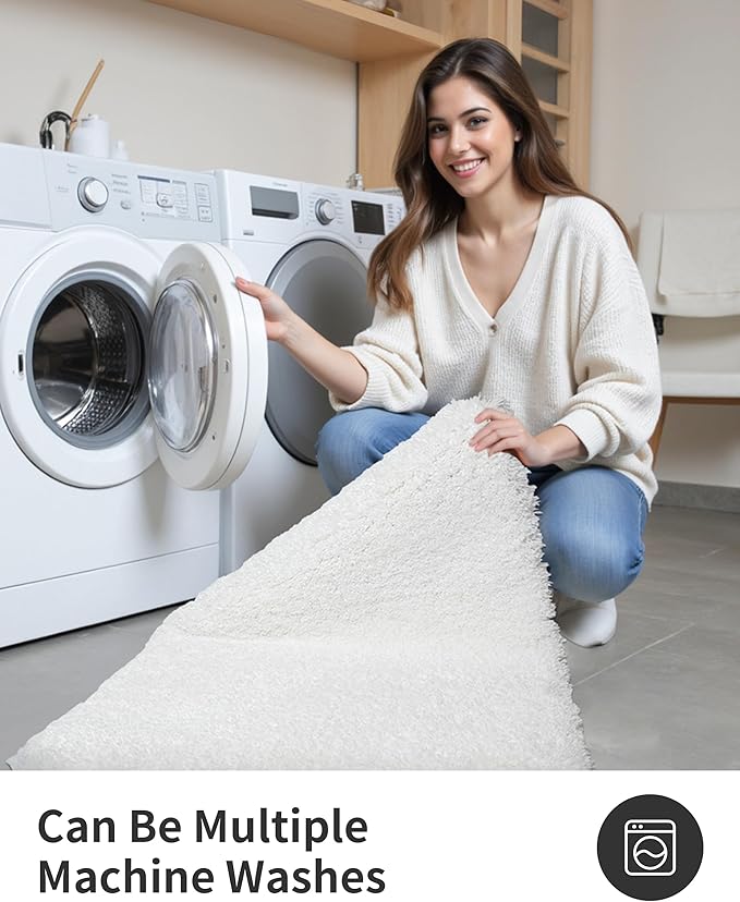 ILANGO White Bathroom Rugs 60" × 24" Non Slip & Super Absorbent Extra Thick Soft, Washable Bath Carpet Runner for Floor, Microfiber Plush Shaggy Bath Mats with Rubber for Bedroom Bathtub Shower Room