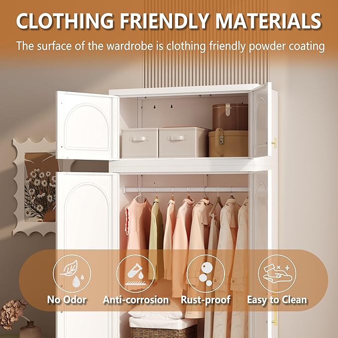 Metal Armoire Wardrobe Cabinet, 86" Tall Wardrobe Closet with Doors, White Clothing Storage Cabinet with Hanging Rod, Large Armoire for Bedroom, Office, School, Gym