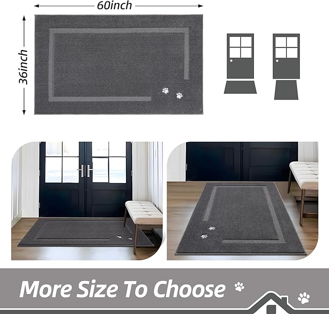 BEQHAUSE Dog Door Mat for Muddy Paws 36"x60" Dirt Trapper Absorbent Doormat Non Slip Entryway Rugs Washable Stain Resistant Welcome Floor Mat Soft Low-Profile for Front Back Door, Dark Grey
