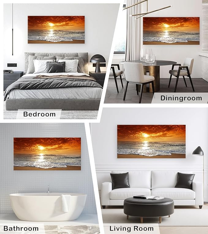 Muolunna S04698 Canvas Prints Wall Art Sunset Ocean Beach Pictures Paintings for Living Room Bedroom Home Decorations Framed Ready to Hang Seascape Waves Artwork