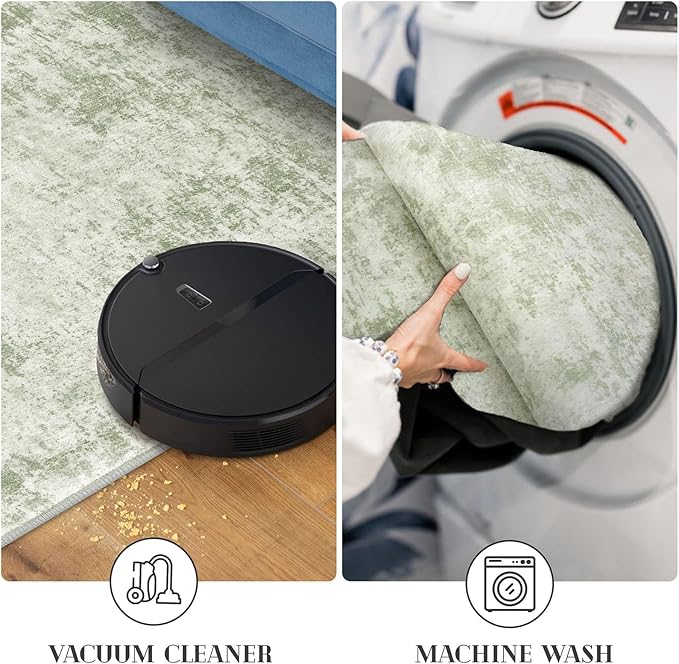 Modern Abstract Runner Rug for Bedroom 2x7, Sage Green Grey Washable Kitchen Runner, Non-Slip Soft Thin Faux Wool Mat for Entryway, Hallway, Laundry Room Indoor