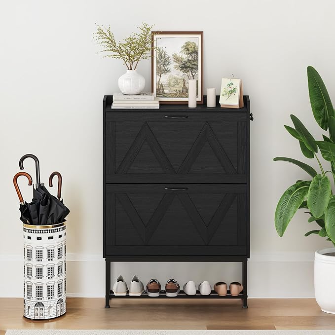 Narrow Shoe Storage Cabinet with 2 Flip Drawers & Adjustable Shelf for Entryway, Freestanding Hidden Slim Shoe Organizer Rack, Black