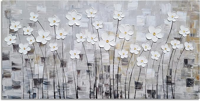 YHSKY ARTS Flower Picture Wall Decor with Heavy Textured Modern Grey and White 3D Paintings Contemporary Aesthetic Artwork for Living Room Bedroom Bathroom Decor