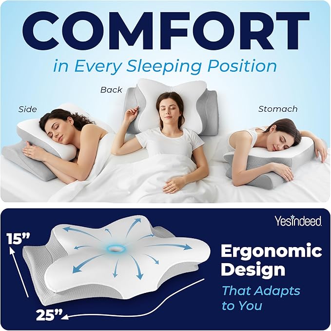 YESINDEED Pain Relief Cooling Pillow – Cervical Neck Support for Sleeping, Contoured Memory Foam Design for Neck and Shoulder Pain, Ergonomic Sleep Solution for Side Sleepers, Snoring, Posture