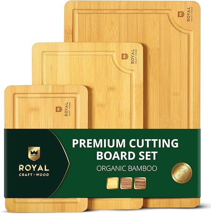 ROYAL CRAFT WOOD Premium Cutting Boards for Kitchen Meal Prep & Serving - Bamboo Wooden Serving Board Set with Deep Juice Groove Side Handles - Charcuterie & Chopping Butcher Block for Meat