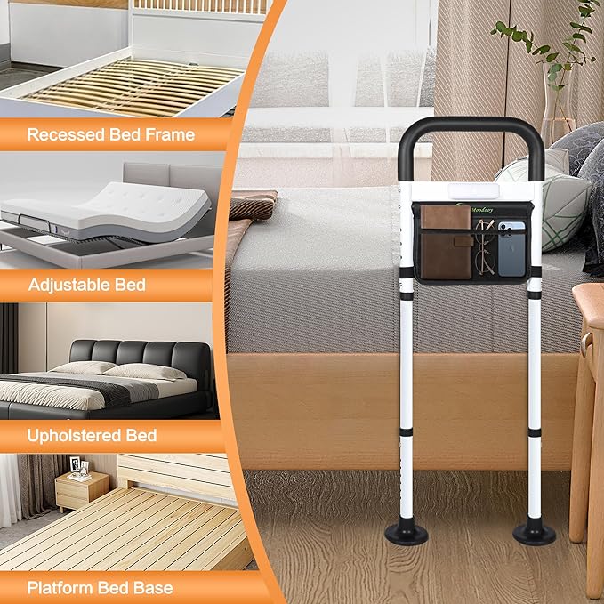 Bed Rails for Elderly Adults Safety, ASTM Safety Approved Adjustable Bed Assist Rail for Seniors, 400lb Weight Capacity, with LED Light & Storage Pocket & Fixing Strap,Fit King/Queen/Full/Twin Bed