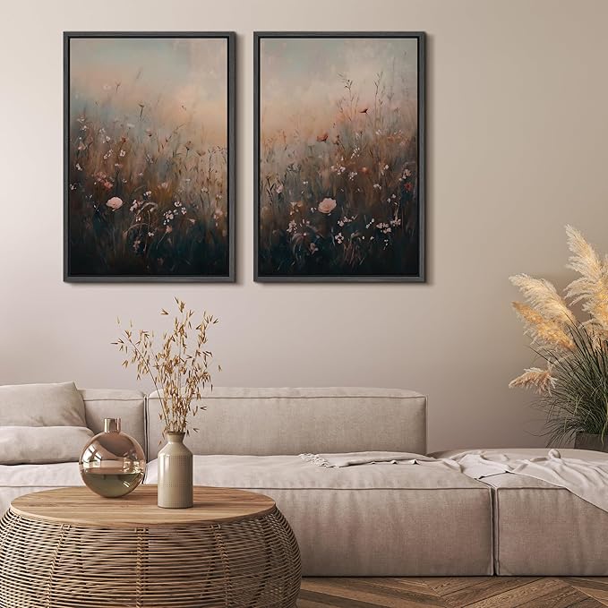 MUDECOR Framed Canvas Print Wall Art Forest and Lake Landscape Vintage Nature Scenery Illustrations Modern Art Decorative Bohemian Chic for Living Room, Bedroom, Office - 16"x24"x2 Black