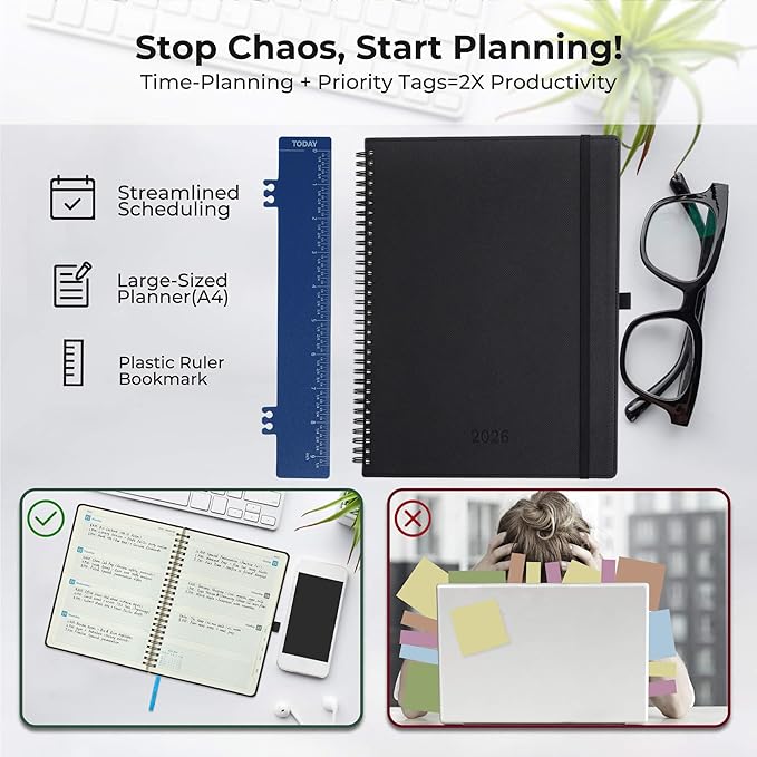 Planner 2026 Daily Weekly and Monthly,11.5"x8.5",12 Months Spiral Bound Calendar Agenda with Self-adhesive Pen Holder,2026 Appointment Book with Vegan Leather Soft Cover,Black