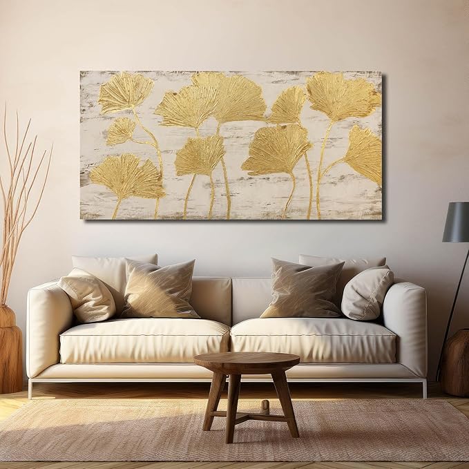 Gold Wall Decor Leaf Wall Art Large Photo Pictures Canvas Wall Decorations for Living Room Artwork for Girls Room 24"x48"