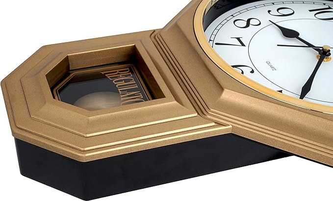 JUSTIME Traditional Schoolhouse Easy to Read Regulator Wall Clock, Chiming Wall Clocks with Pendulum & Westminster Chime Hourly, Schoolhouse Wall Decor Battery Operated (Painted Gold)