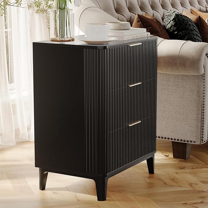 3 Drawer Nightstands Set of 2, 22.6" Mid Century Modern Night Stand, Large 3 Drawers Bedside Table with Quiet Drawers & Metal Handles, Fluted 3-Drawer Dresser Rustic Wood End Table Bedroom Black