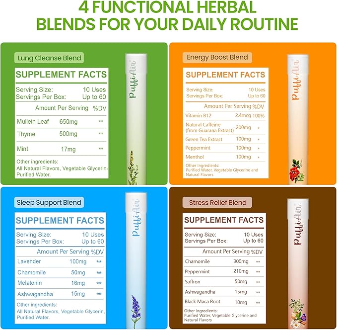 PUFFIAIR Balanced Routine Quad Herbal Diffuser Pen Set | Energy Relax Calm Blends | Green Brown Orange Blue | 4 Count