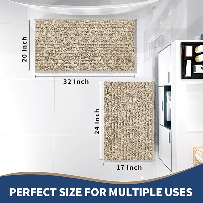 Yimobra Bathroom Rugs Sets 2 Piece - Quick Dry Extra Thick Luxury Chenille Bath Mat, Non Slip Super Absorbent for Tub Shower Sink, Machine Washable Shaggy Floor Mat, 32"x20"+24"x17" Inch, Pale Khaki