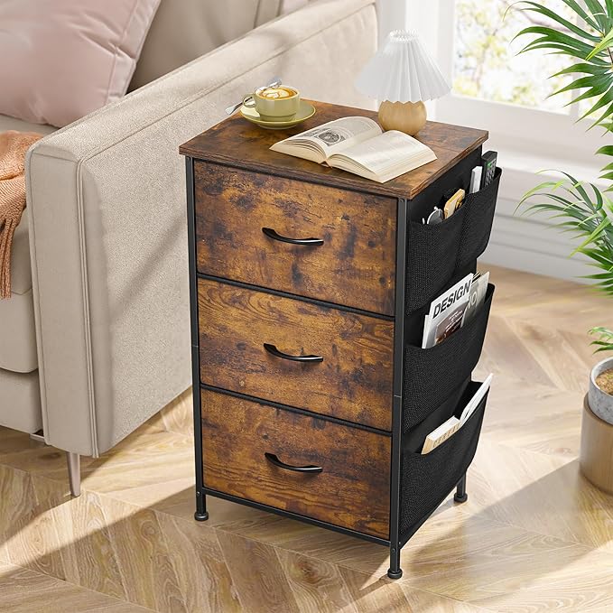 EnHomee Tall Nightstand,Night Stand with Drawers for Bedroom,Bedside Table with Wooden Top,Sturdy Steel Frame End Table,Dorm Small Nightstand for Bedroom,Entryway,Closet,Cloth Bags,Rustic Brown
