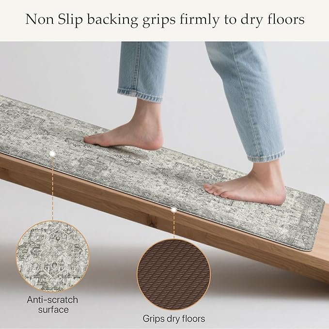 GENIMO Kitchen Mats for Floor 2PCs, Washable Anti Fatigue Mat for Cushioned, 17.3"x59"+17.3"x30", Waterproof Kitchen Rugs, Non Slip Comfort Standing Mat Rug for Home, Sink, Laundry, Stone Gray
